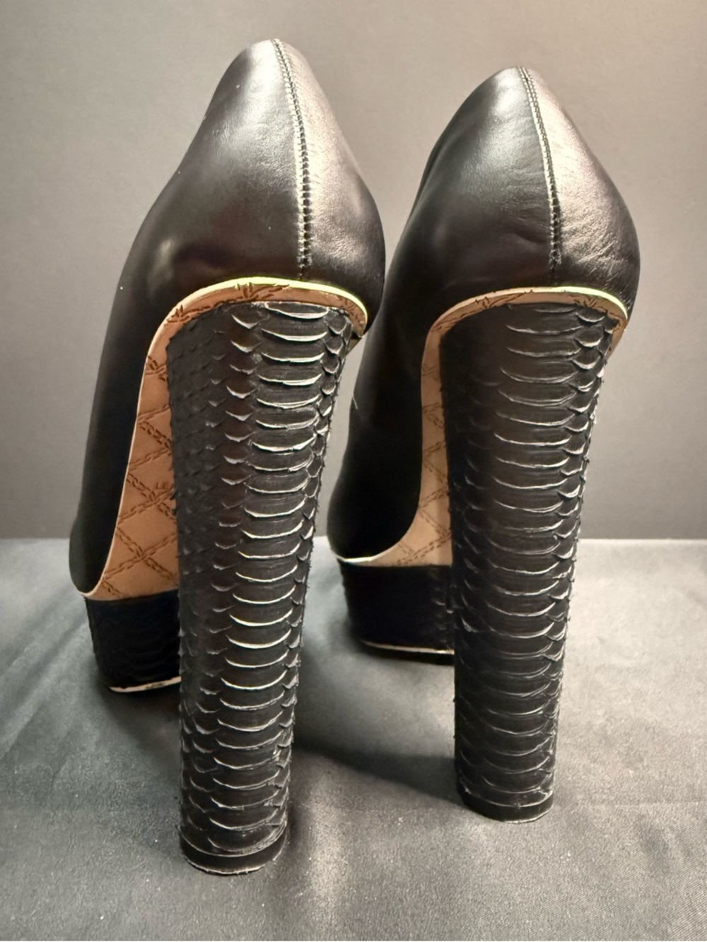LAMB Black Leather Platform Snake Ultra High Heel Peep Toe Pump - Picture 7 of 12